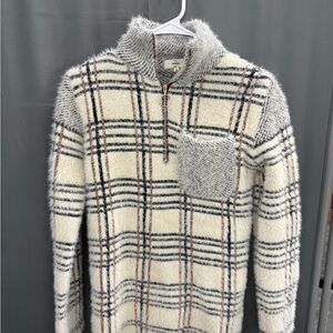 Entro Plaid Fuzzy Half-Zip Sweater- Cream and Black